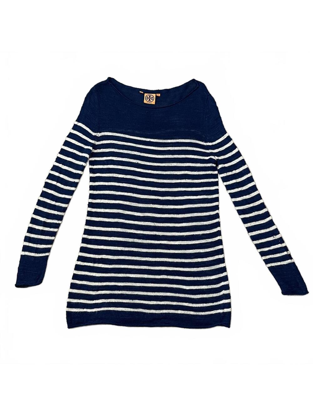 Tory Burch Viscose Linen Blend Sweater Blue White Stripe Size Medium